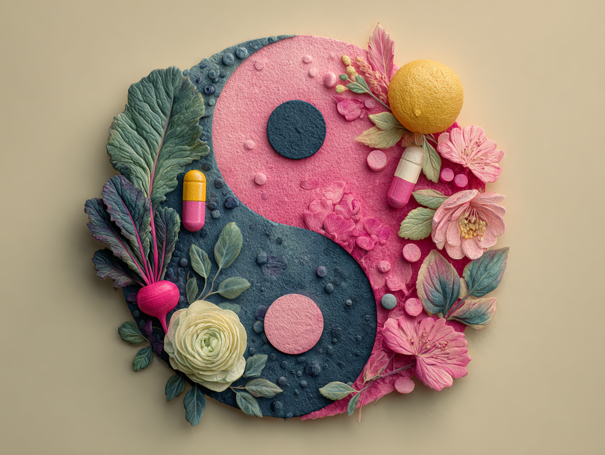 Ilustração flat com alimentos saudáveis, chás, probióticos e símbolos de saúde, representando o tratamento funcional da candidíase