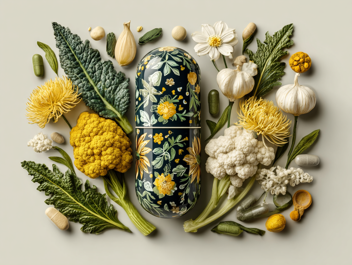 Cápsula decorativa rodeada por vegetais, flores, alho e suplementos naturais, simbolizando a prevenção e o tratamento funcional com alimentos e estratégias naturais para fortalecer a imunidade e equilibrar o corpo.