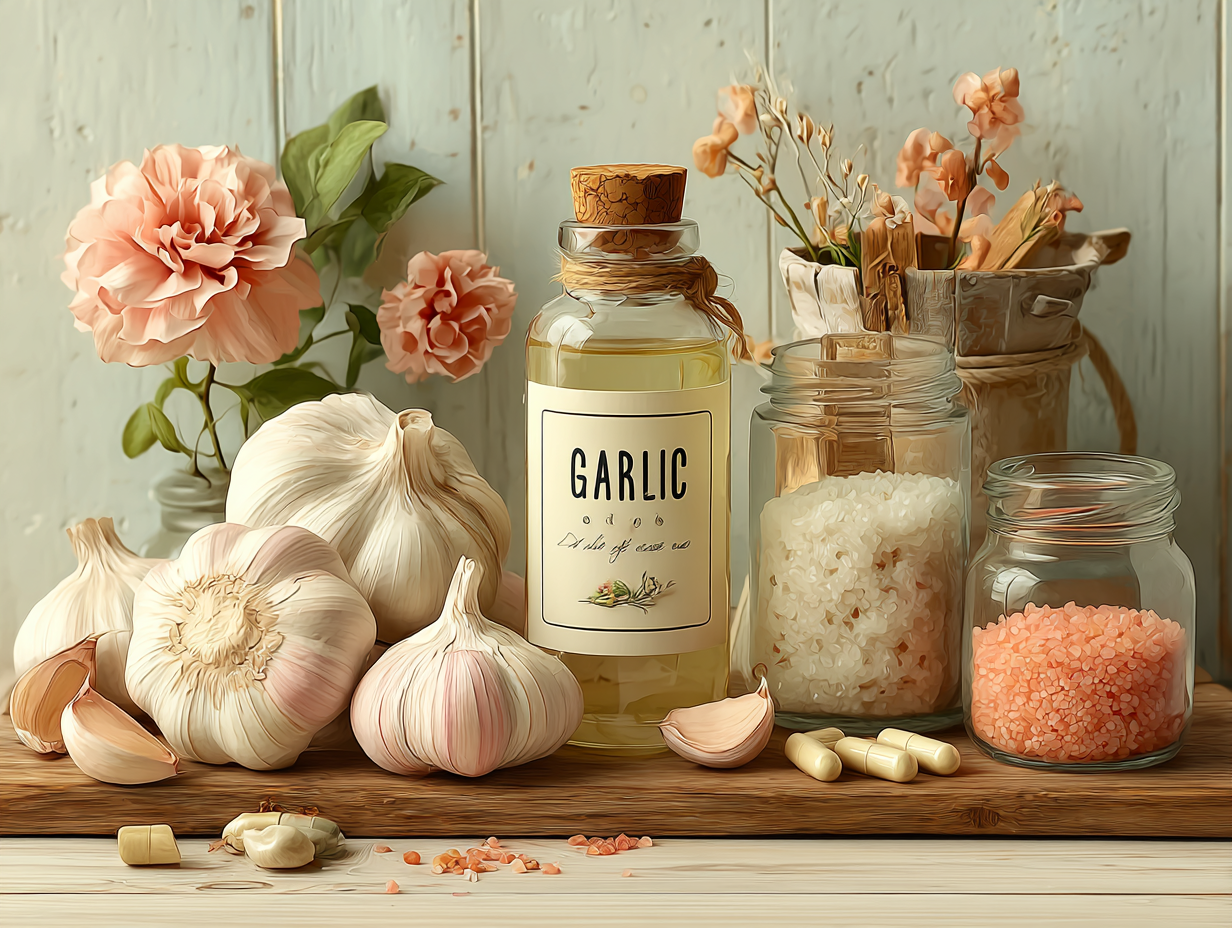 Mesa com alho em diferentes formas — cru, óleo, cápsulas e pó — representando usos populares de remédio caseiro para candidíase.