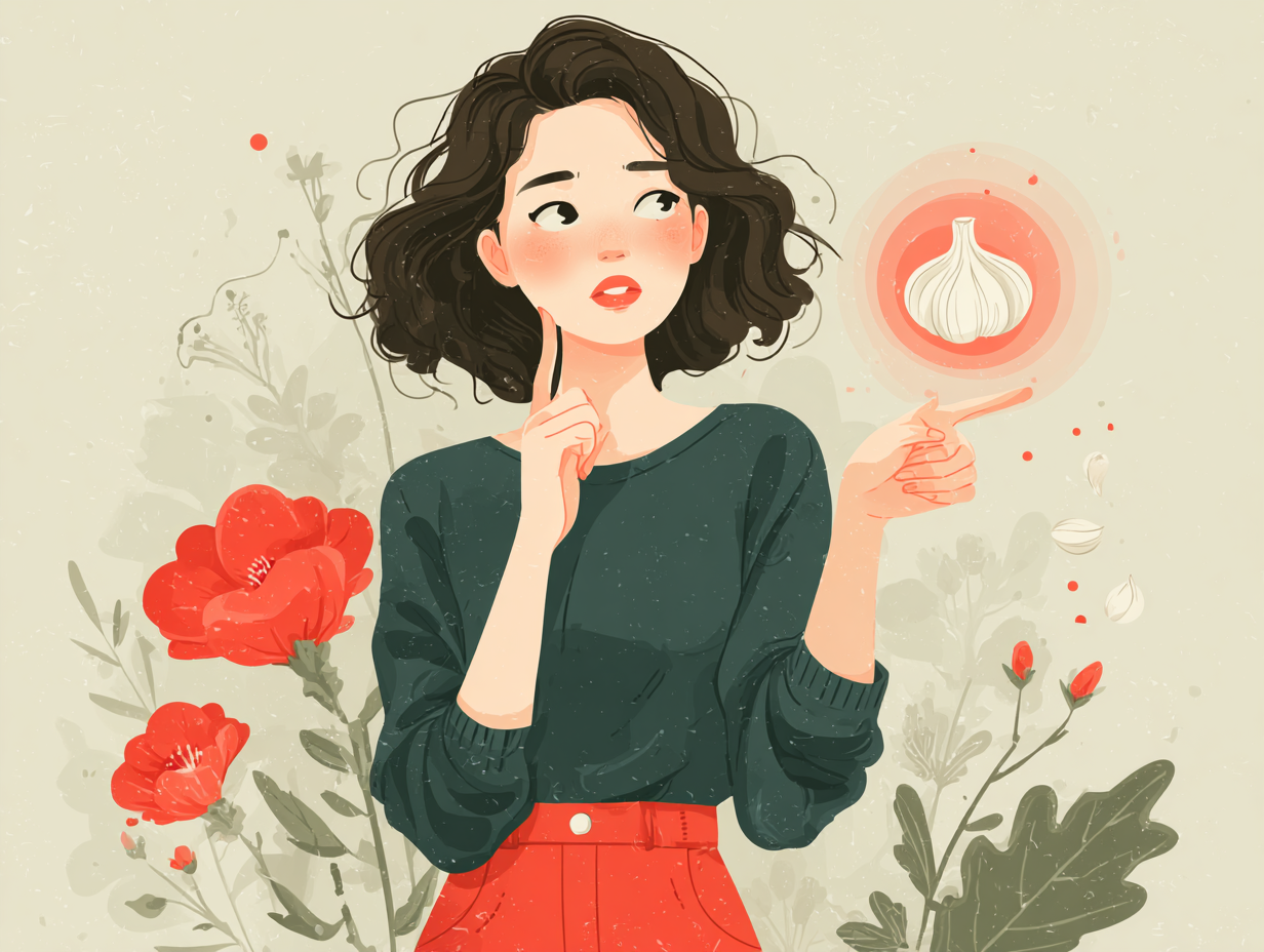 Mulher usando alho como tratamento natural contra Candida, com alívio na região pélvica.