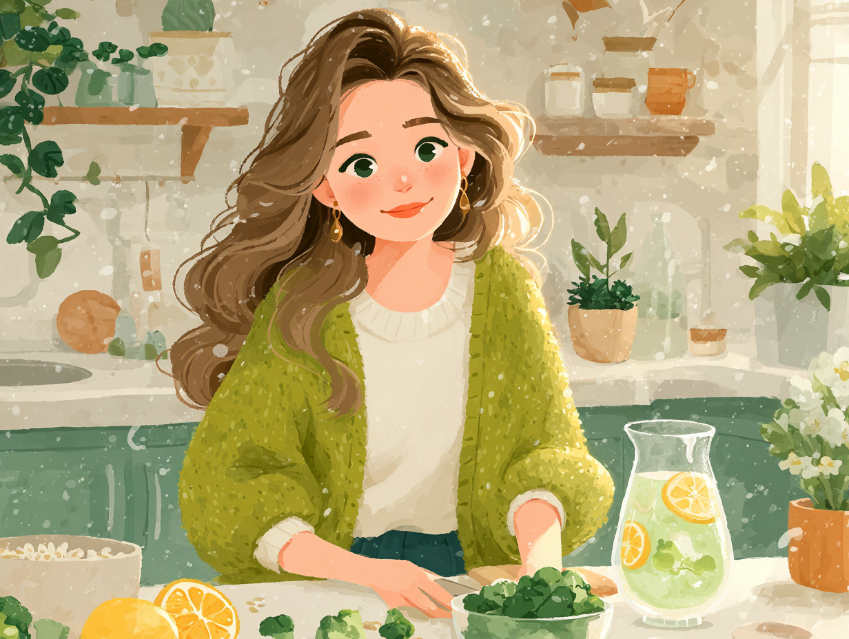 Mulher preparando alimentos saudáveis em ambiente calmo, simbolizando o papel da alimentação anti-inflamatória na prevenção da candidíase.