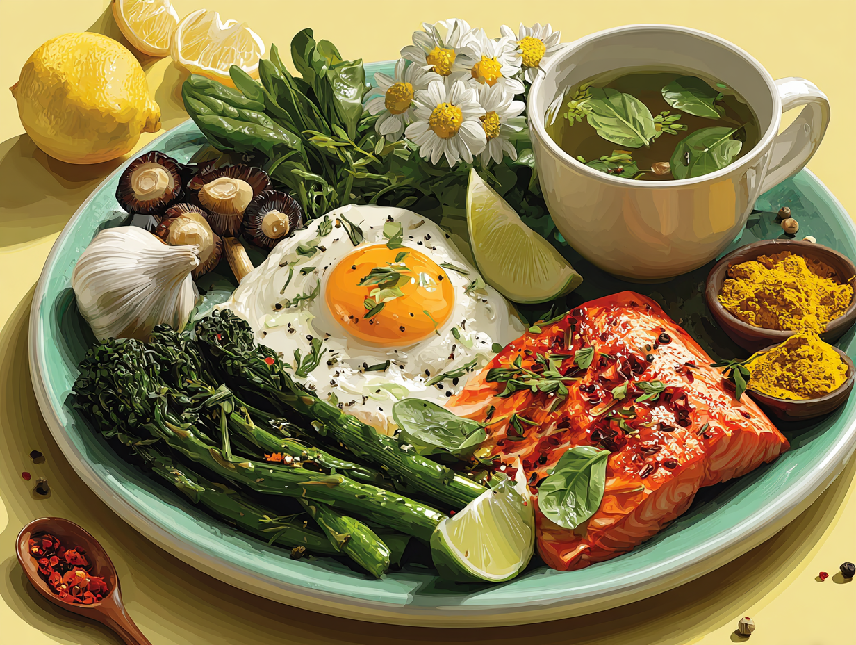 Ilustração flat de alimentos anti-inflamatórios e antifúngicos como vegetais, ervas e proteínas saudáveis representando qual o melhor tratamento para candidíase.