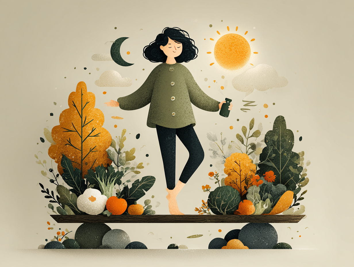 Ilustração de mulher feliz comendo alimentos saudáveis, representando prevenção e recuperação da candidíase