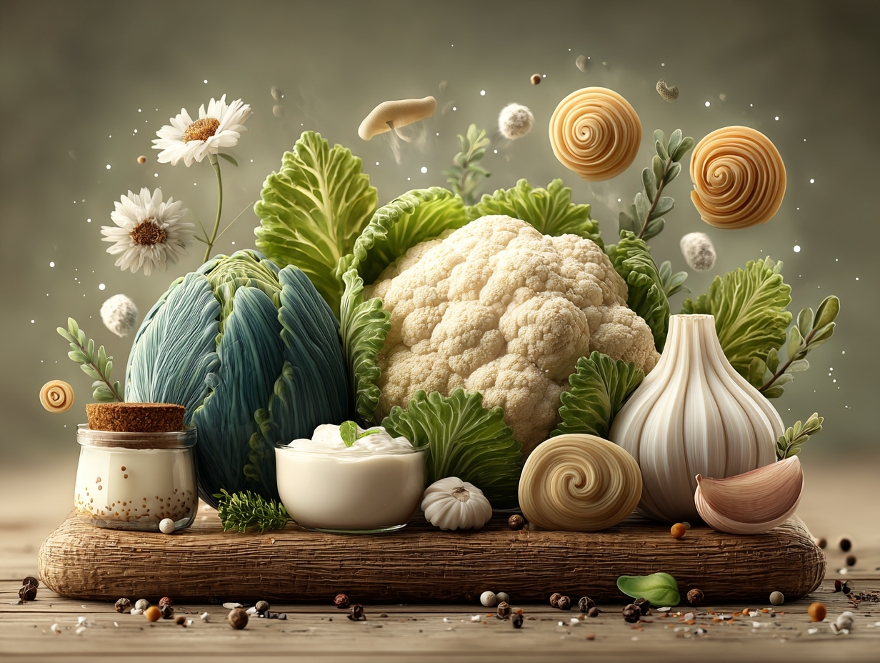 Ilustração médica com alimentos saudáveis, escudo de imunidade e símbolos da microbiota, mostrando a importância da prevenção da candidíase pelo estilo de vida.