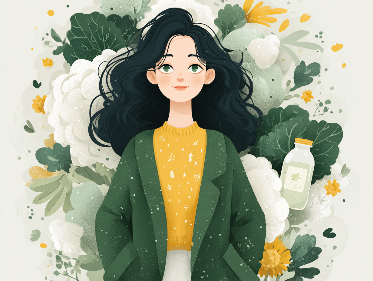 Mulher feliz rodeada por alimentos antifúngicos, probióticos, bactérias boas e ícones de estilo de vida saudável, representando o controle da candidíase pela imunidade.