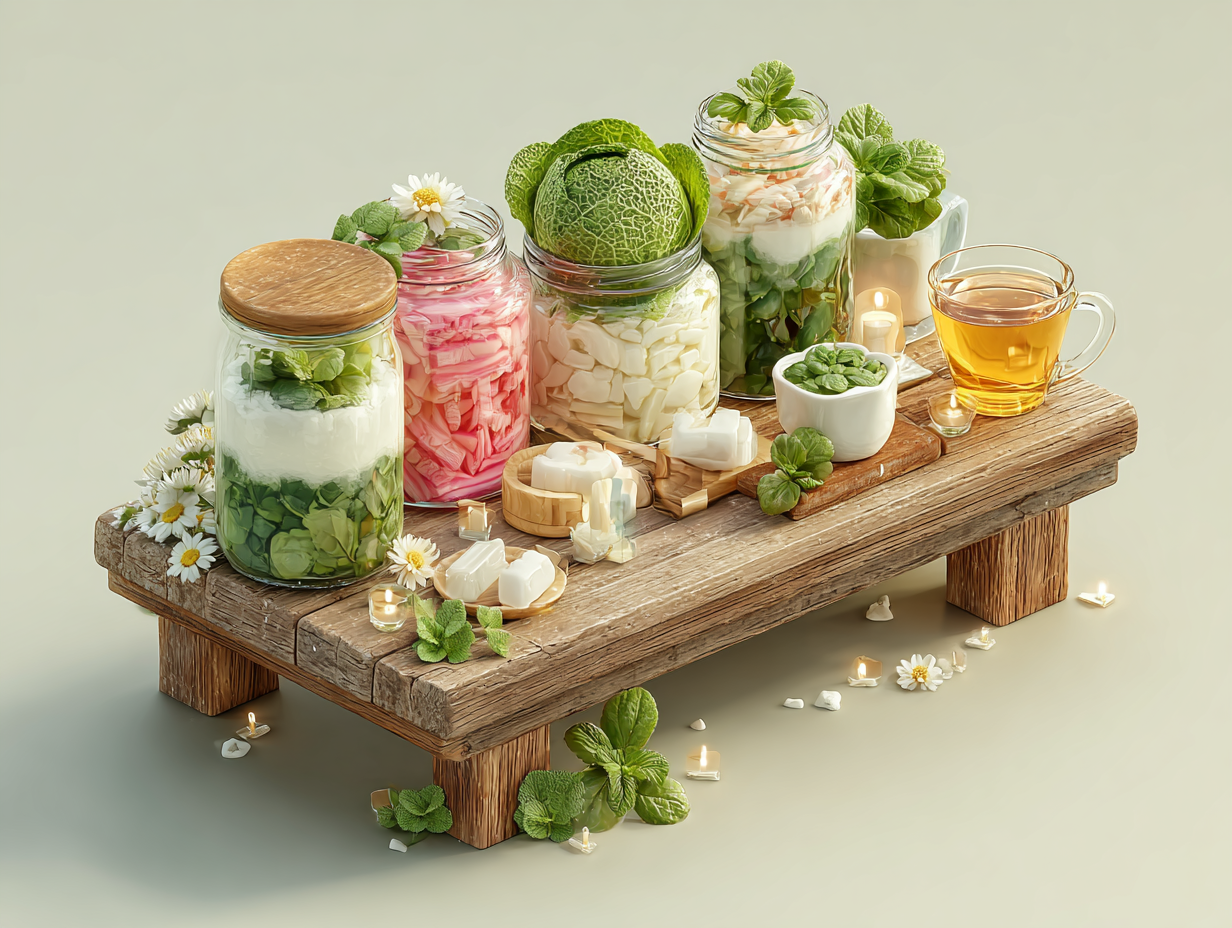 Ilustração médica com alimentos probióticos como kefir, vegetais fermentados e iogurte, representando estratégias naturais para restaurar a microbiota e prevenir candidíase, sem presença humana.