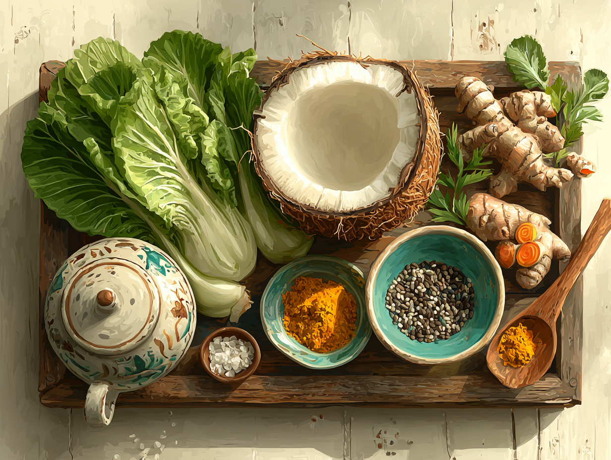 Ilustração flat de uma mesa com alimentos antifúngicos como coco, cúrcuma, folhas verdes e sementes, utilizados no tratamento natural da candidíase.