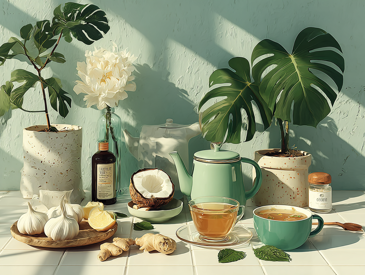 Ilustração flat com mesa repleta de alimentos antifúngicos como alho, óleo de coco e vegetais, reforçando que a alimentação é importante para curar a candidíase rápido.