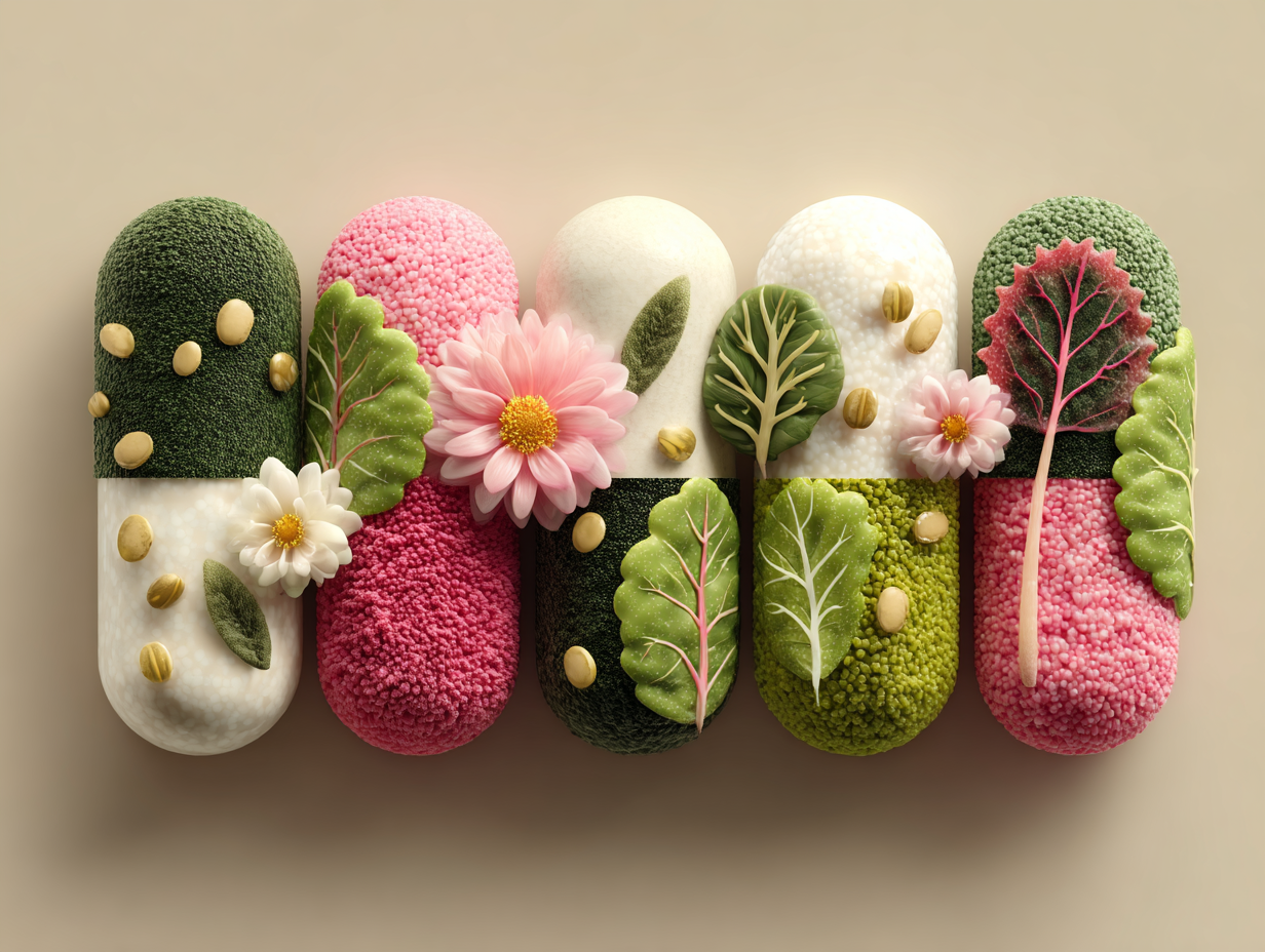 Ilustração de alimentos probióticos e saudáveis usados para apoiar a microbiota intestinal e prevenir candidíase após uso de antibióticos