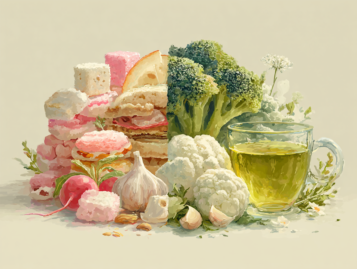 Ilustração dividida mostrando alimentos que pioram a candidíase de um lado e alimentos saudáveis que ajudam no combate do outro