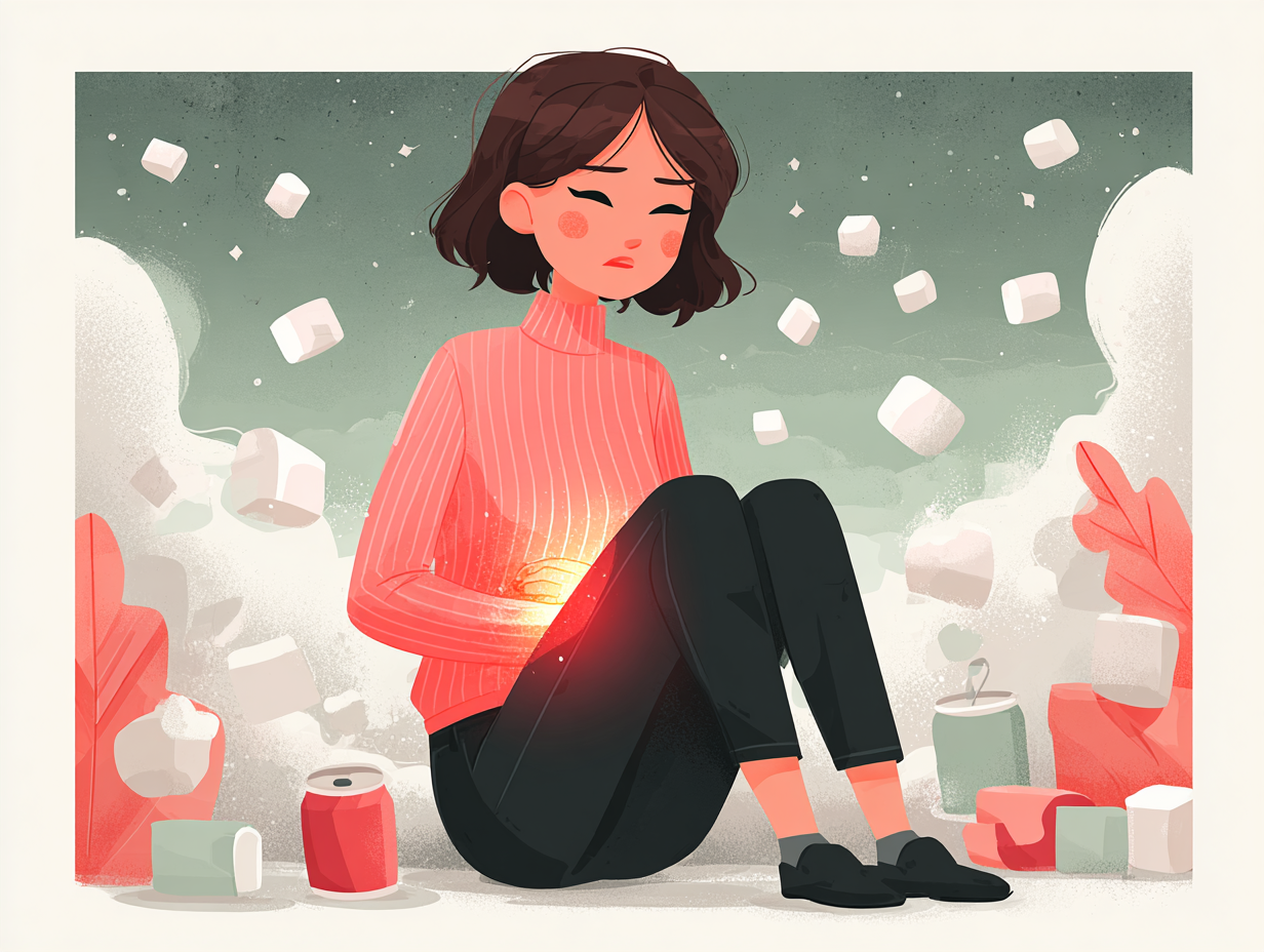 ilustração mostrando uma mulher com vários alimentos não saudáveis representando que a má alimentação causa candidíase