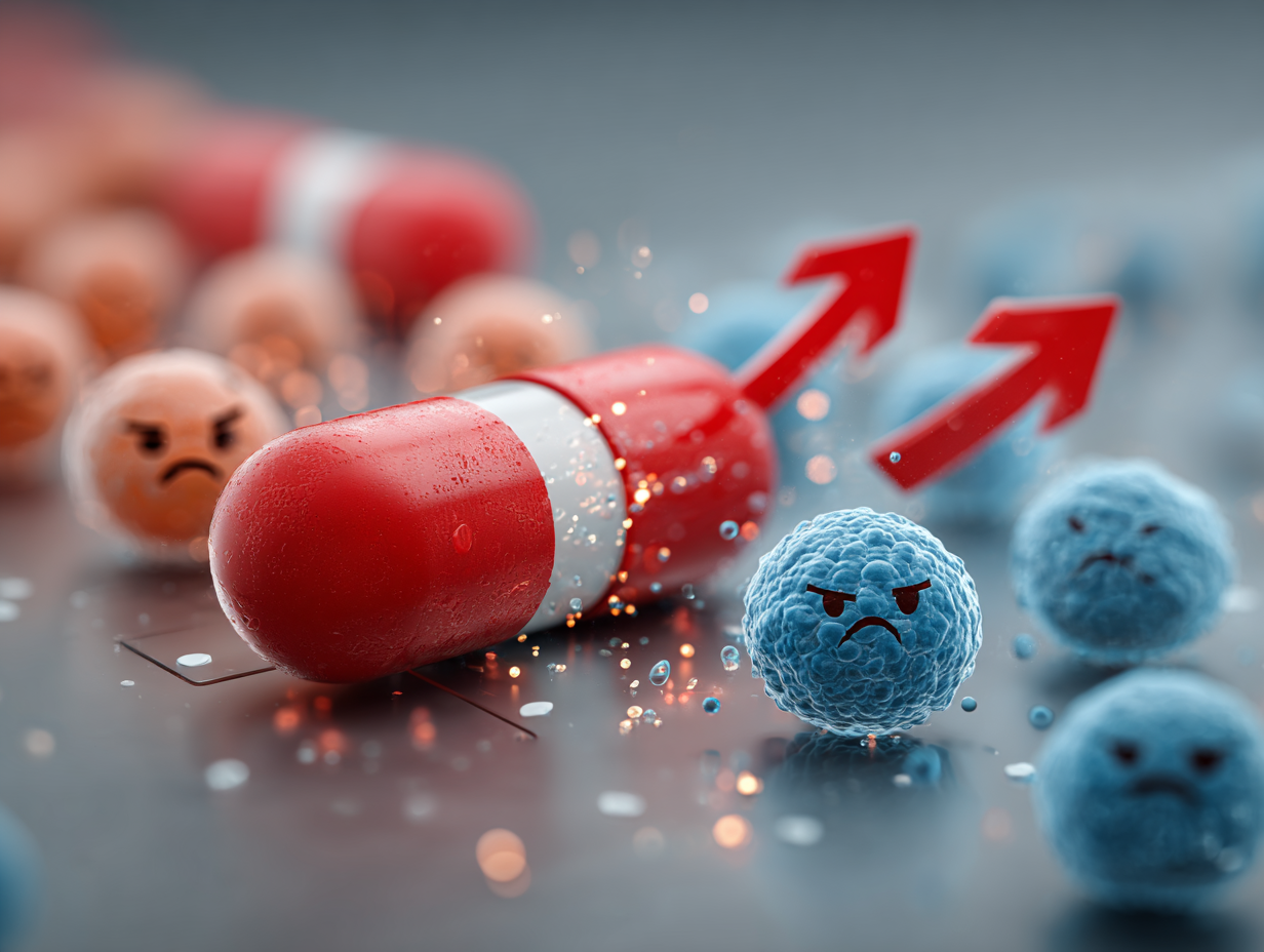 Pílulas anticoncepcionais simbolicamente atacando bactérias boas da microbiota, com ícones de lactobacilos tristes, representando o impacto negativo na flora vaginal.