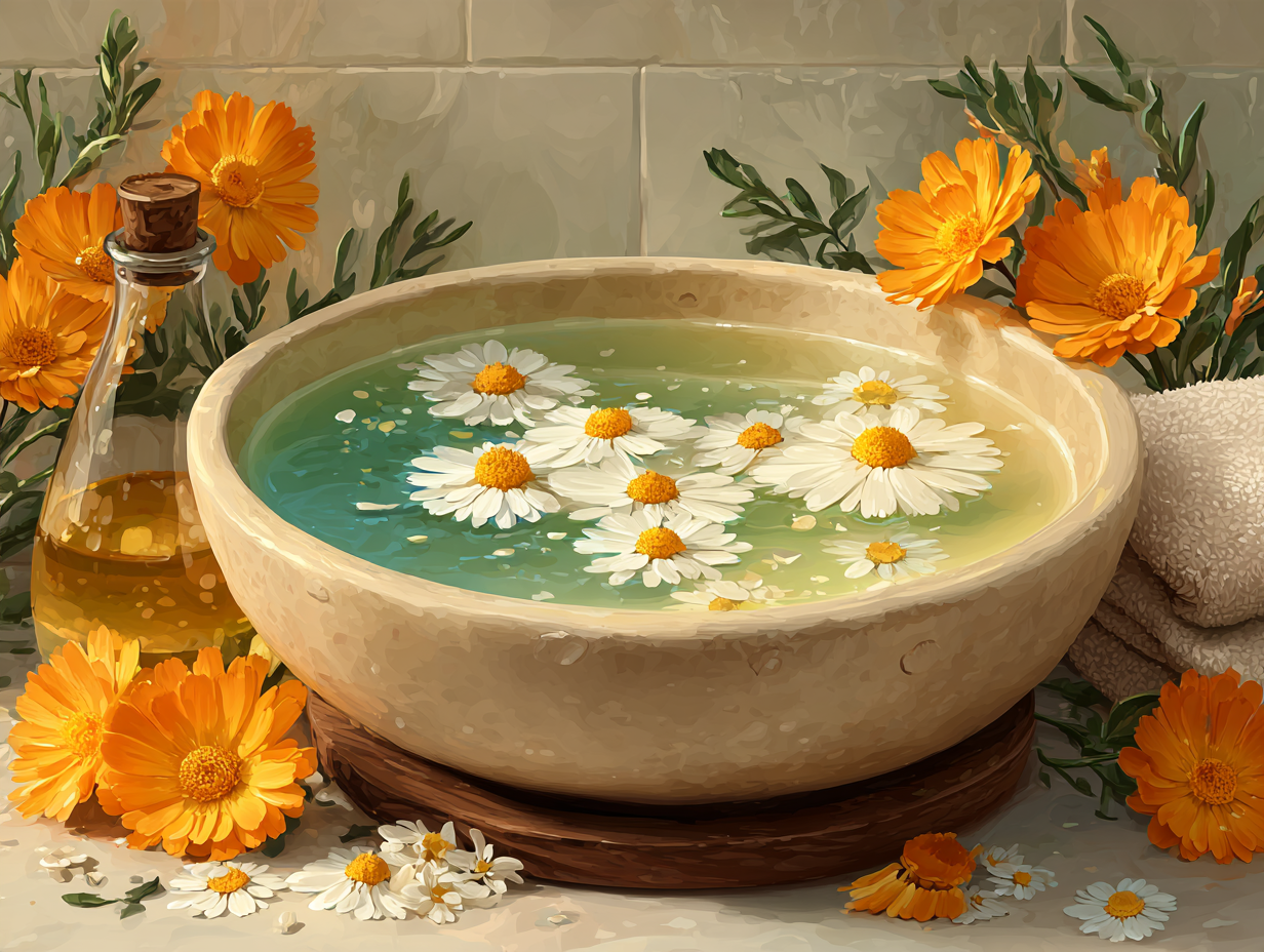 Ilustração flat de uma bacia com chá de camomila e flores, ao lado de uma toalha, representando um banho de assento calmante para aliviar a candidíase.