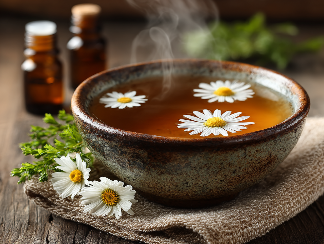 Foto ultra realista de uma bacia com chá de camomila e flores, ao lado de ervas e toalhas, representando o banho de assento no tratamento natural para candidíase.