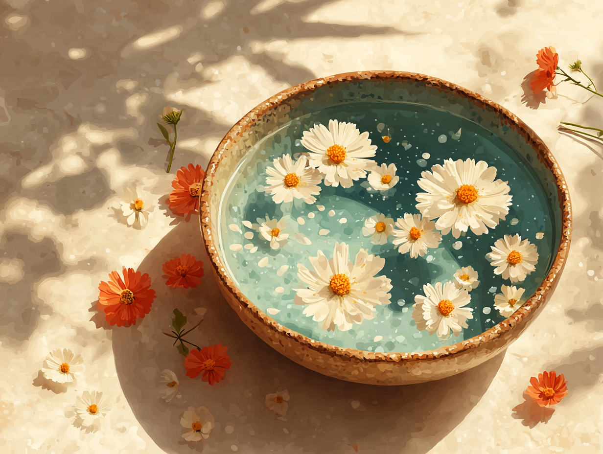 Bacia com água morna e flores de camomila flutuando, vista superior, representando o banho de assento como remédio caseiro para candidíase.