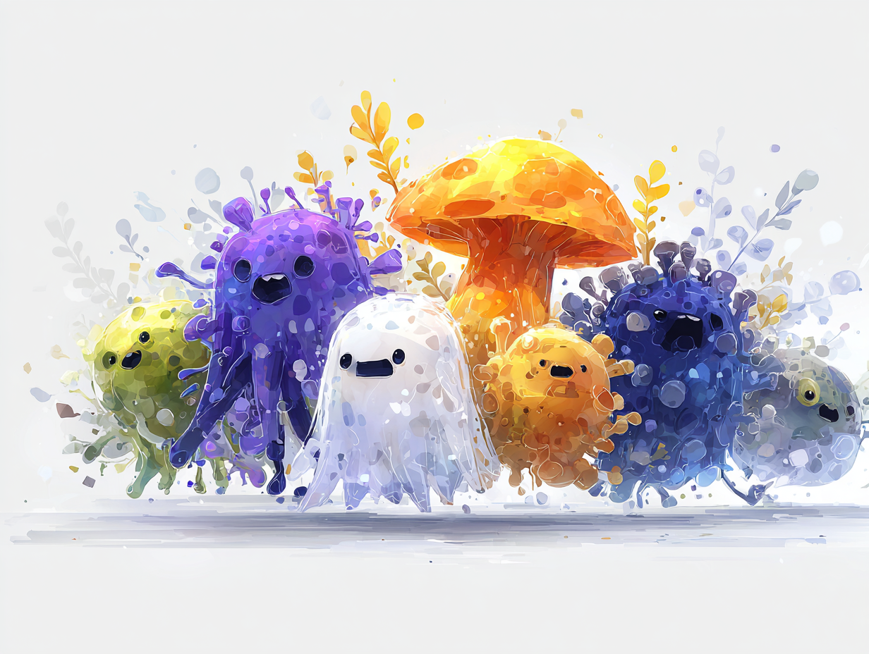 Ilustração lúdica com diferentes fungos representados como fantasmas engraçados, simbolizando espécies resistentes como Candida auris.