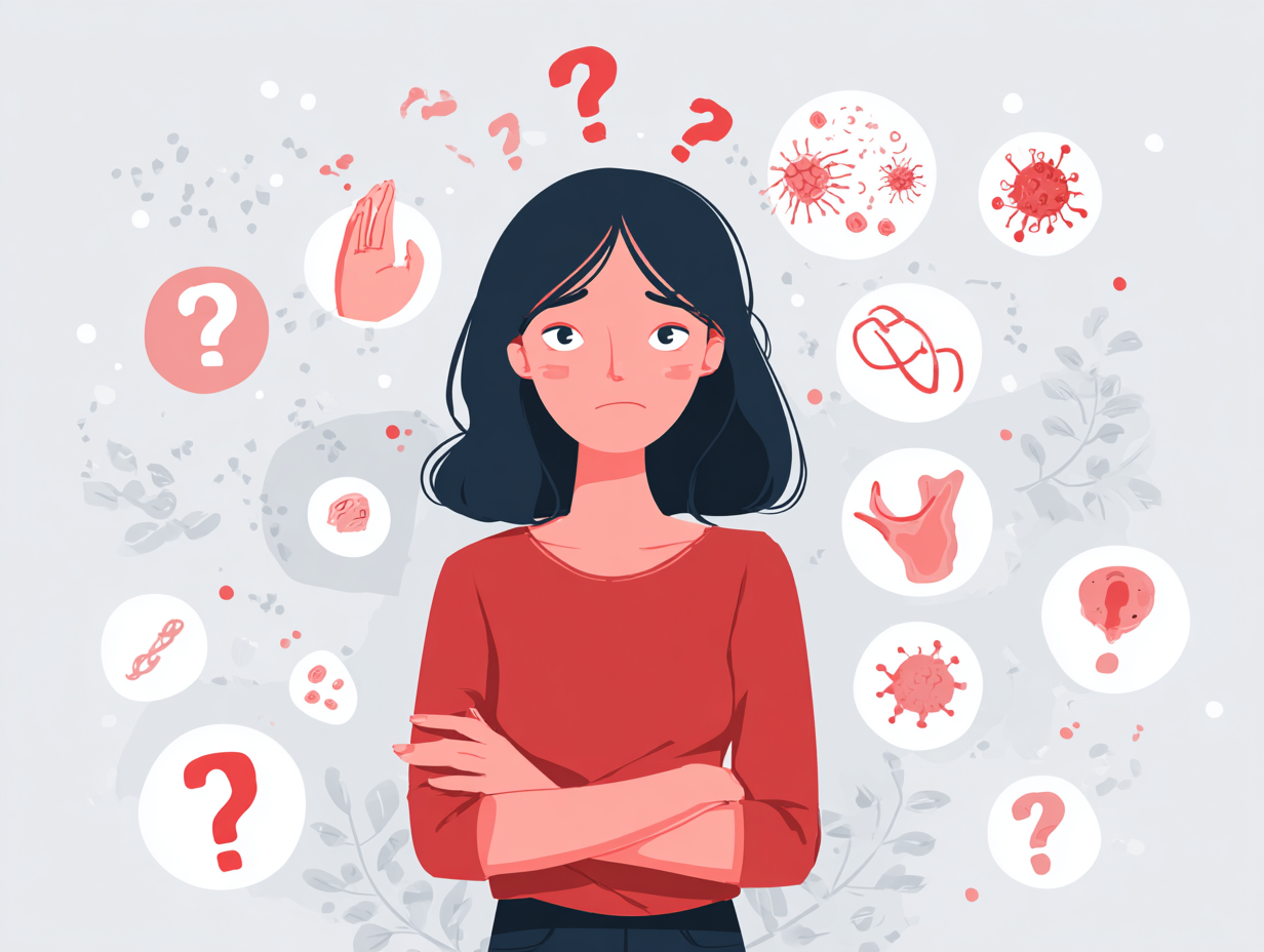 Ilustração médica de uma mulher com sintomas de candida feminina e ícones ao redor indicando coceira, vermelhidão e desconforto