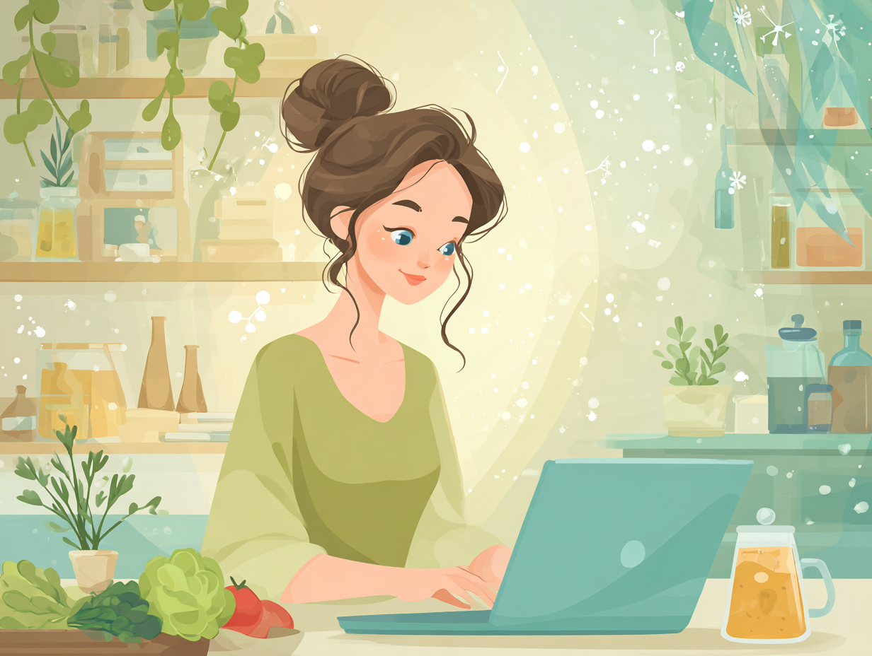 Mulher feliz assistindo a um curso online e escolhendo alimentos saudáveis e chás naturais para tratar a candida feminina