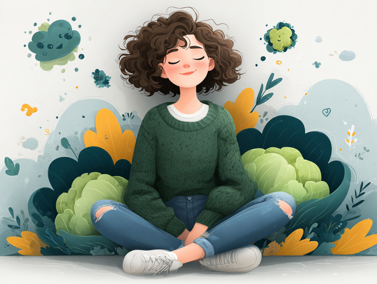 Ilustração de uma mulher em ambiente calmo, com ícones de microbiota saudável, cápsulas, folhas verdes e intestino equilibrado ao fundo