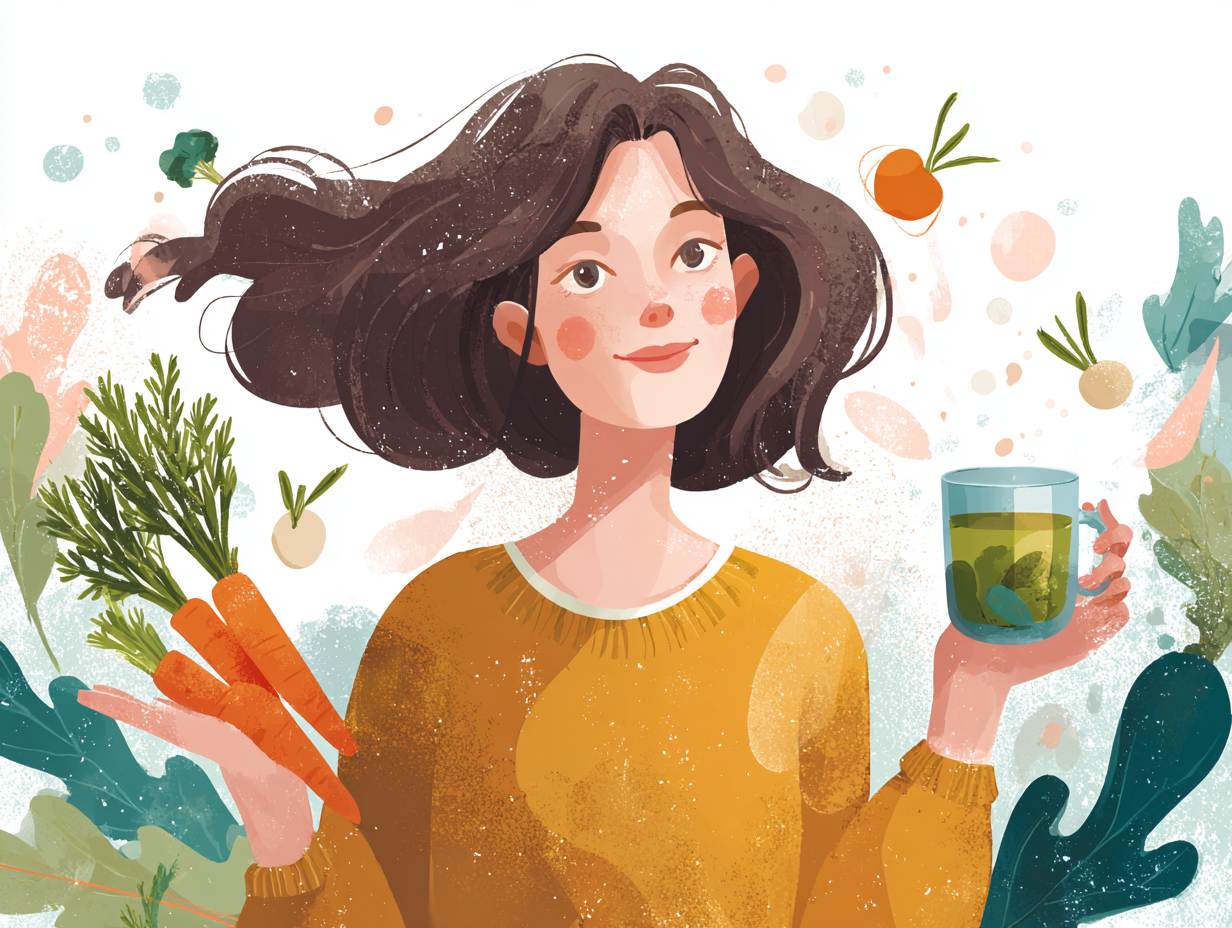 Ilustração de mulher saudável com alimentação funcional para prevenir infecções vaginais.