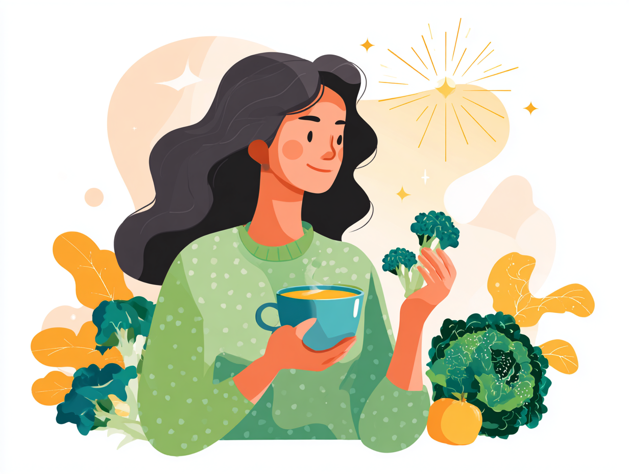 Ilustração de uma mulher feliz se alimentando de forma saudável, representando a prevenção e recuperação natural da candidíase.