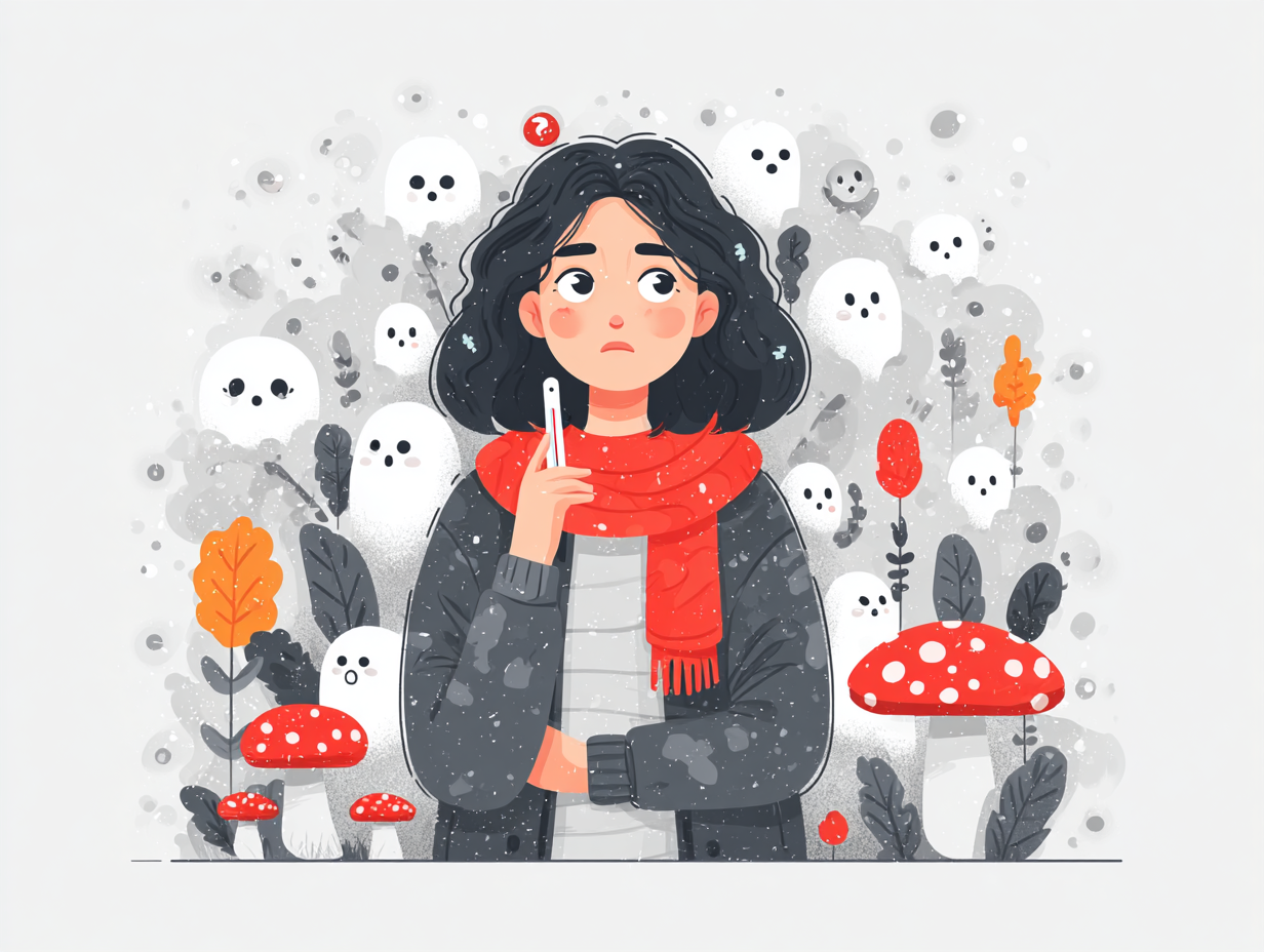 Ilustração de uma mulher feliz com alimentação saudável e símbolos de intestino equilibrado e imunidade forte, representando prevenção funcional contra a candidíase.