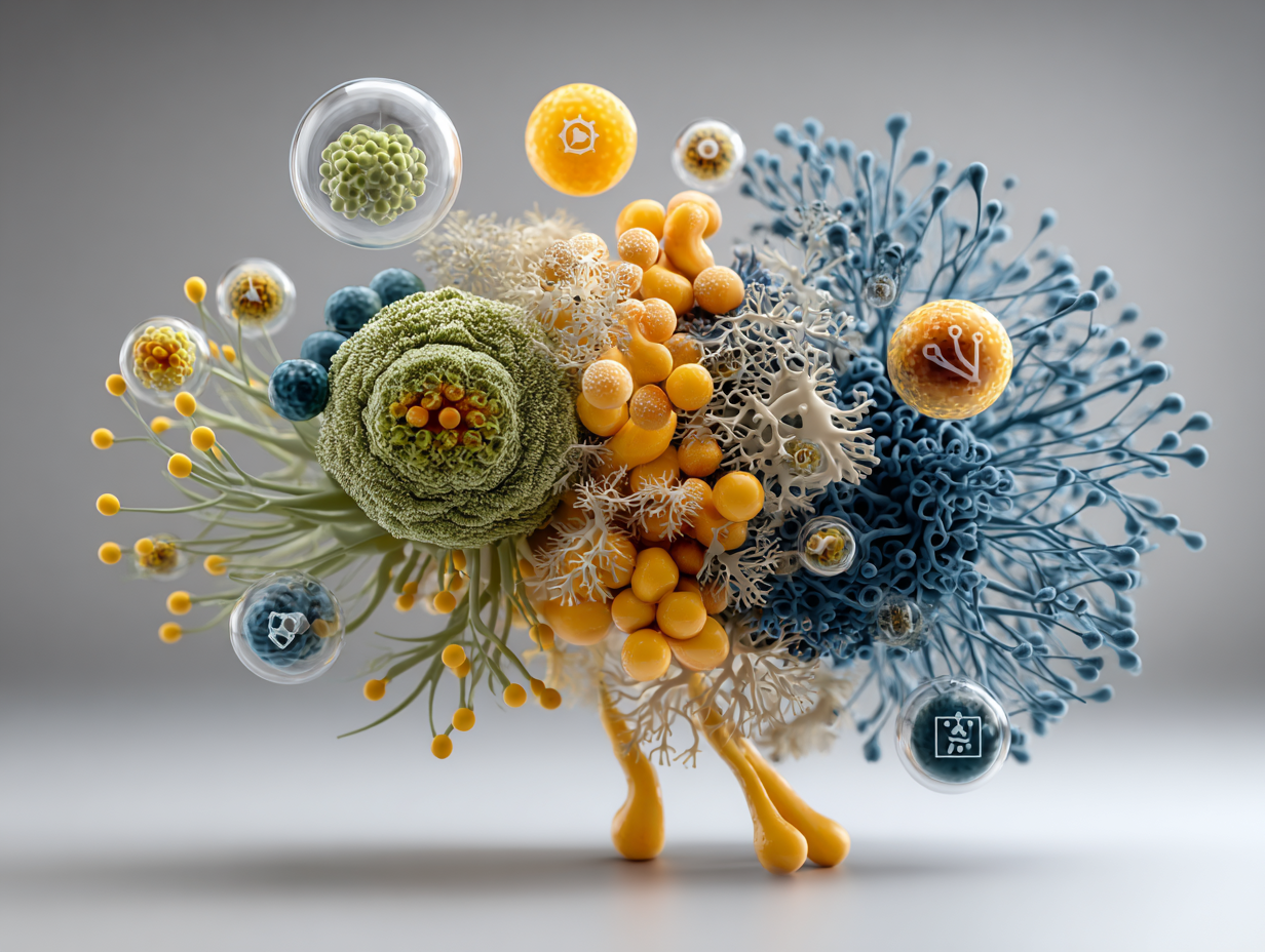 Diagrama médico mostrando desequilíbrio da flora vaginal causado por estresse emocional e crescimento do fungo Candida.