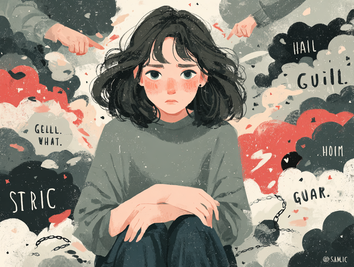 Ilustração médica de uma mulher chorando, cercada por símbolos de culpa, medo, raiva e opressão emocional, representando as causas emocionais reprimidas associadas à candidíase.