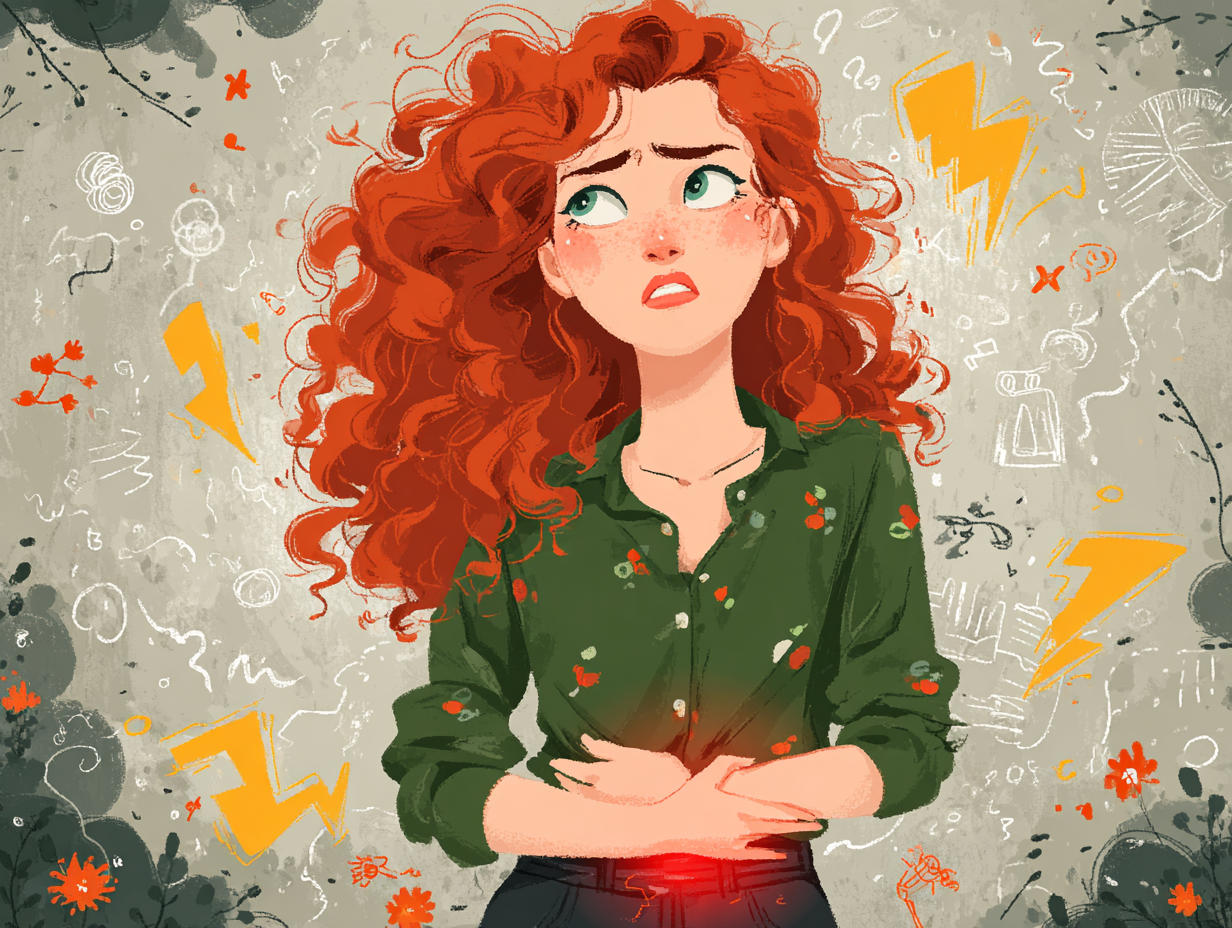 Ilustração médica de uma mulher ruiva com desconforto na região pélvica e luz vermelha indicativa de dor, cercada por ícones que simbolizam estresse e desequilíbrio hormonal.