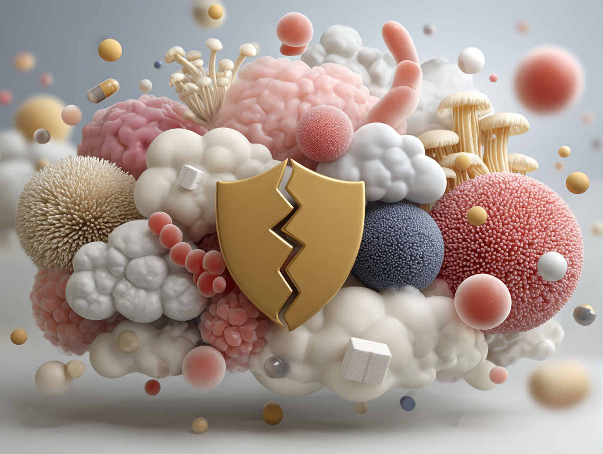 Ilustração mostrando fatores que reduzem a imunidade, como estresse, açúcar e medicamentos, favorecendo o crescimento da candida.