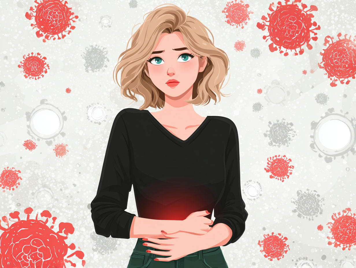 Ilustração médica de mulher loira com dor pélvica, cercada por ícones que representam fungos, simbolizando os sintomas da candidíase vaginal.