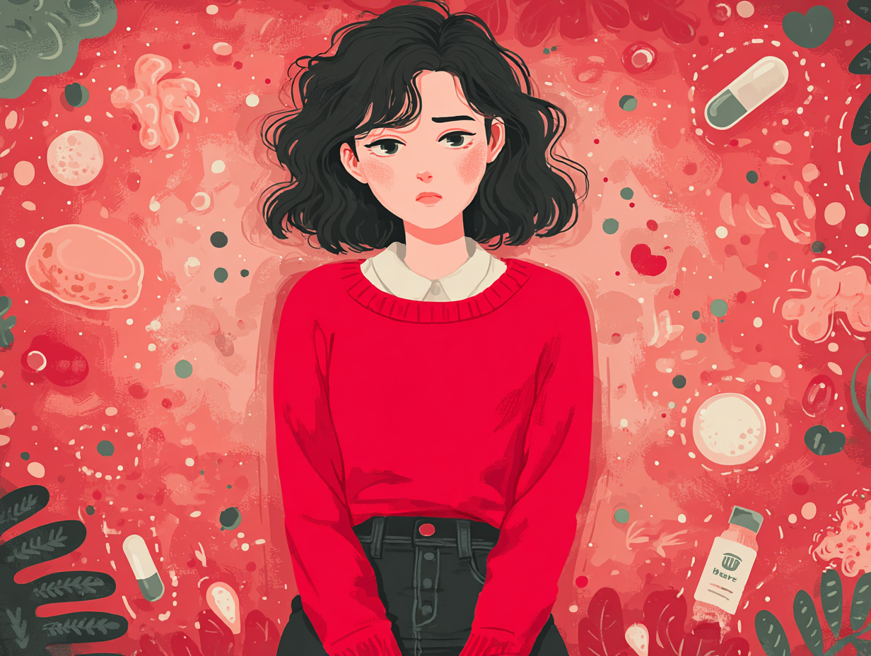 Mulher com expressão de desconforto cercada por causas visuais da candidíase, como açúcar, estresse e baixa imunidade