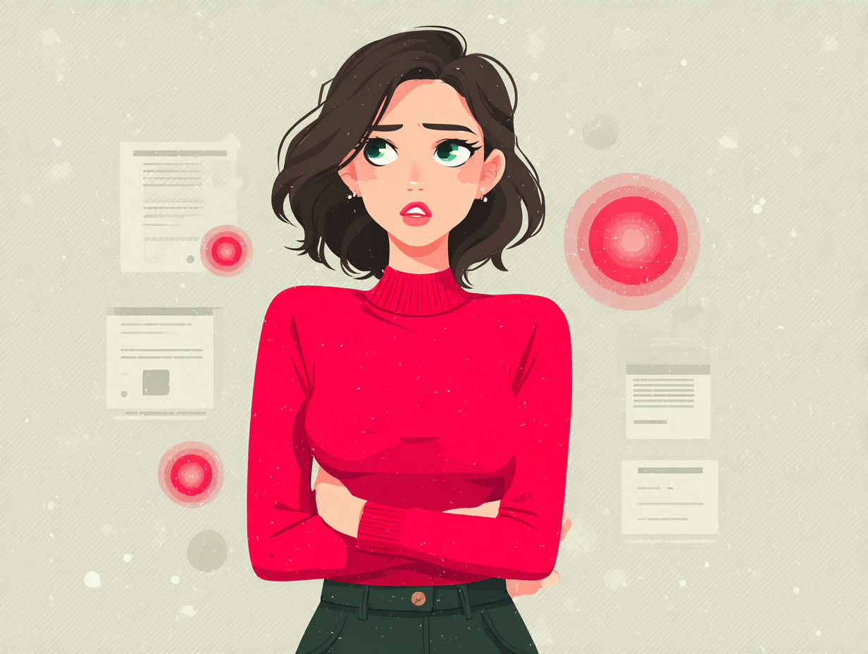 Ilustração médica de uma mulher com expressão de desconforto e ícones ao redor representando os sintomas incomuns de candidíase feminina