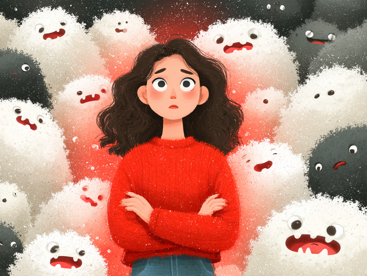 Ilustração de uma mulher com expressão confusa cercada por fungos em forma de monstrinhos, representando o desconforto causado pela candidíase.