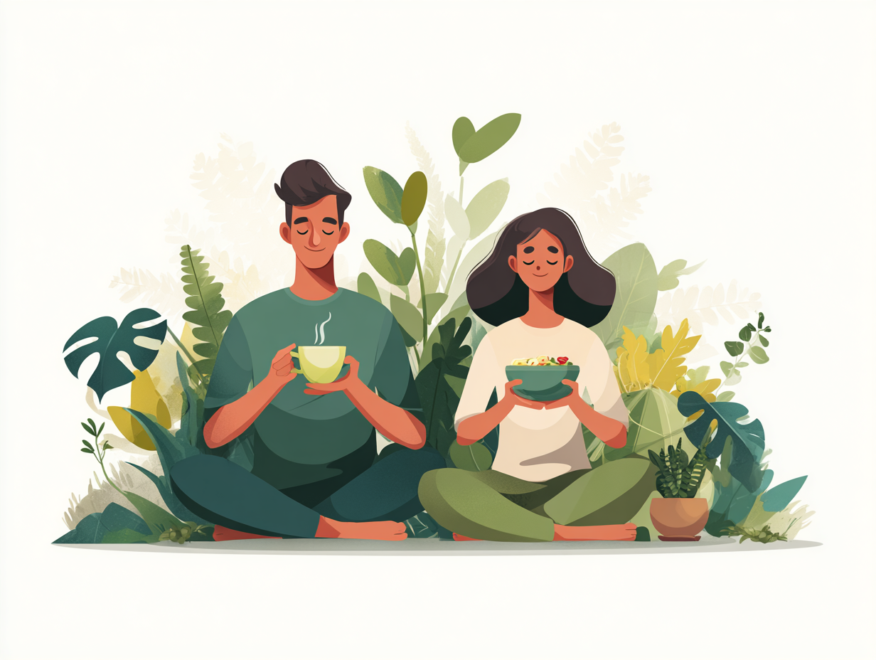 Homem e mulher felizes em momento de cuidado natural, com alimentos saudáveis e ambiente equilibrado, simbolizando o tratamento da candidíase genital