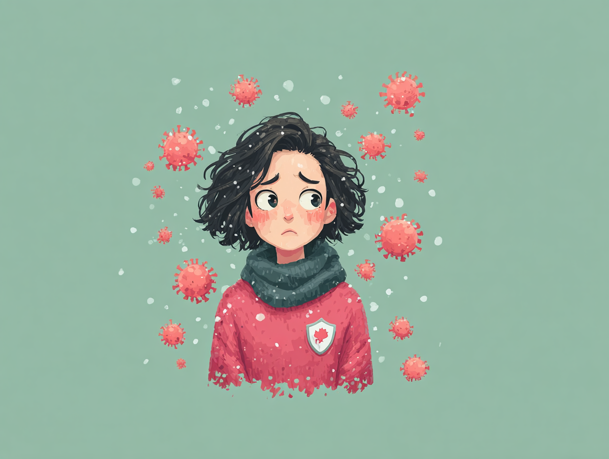 Flat-style medical illustration of a transparent human silhouette with weak immune shield, symbols of candida fungus attacking, low energy icons, and broken protective barriers. Dim blue tones, clean medical background, horizontal 4:3 layout, subtle glow effects around vulnerable areas
