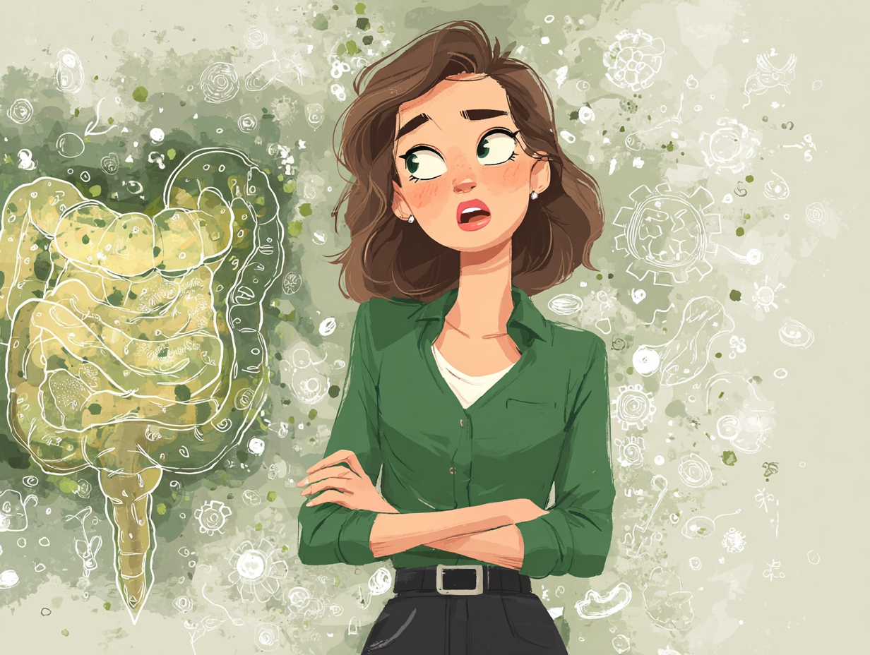 Mulher assustada observando uma imagem do intestino com crescimento de fungos, representando a candidíase intestinal e o desequilíbrio da microbiota.