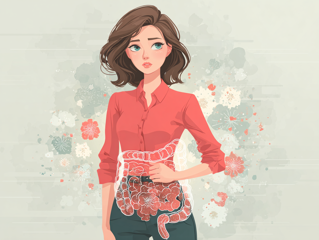 Ilustração médica de uma mulher morena com sinais visuais de candidíase na região pélvica, intestino, axilas e boca, com ícones representando coceira, ardência e desconforto generalizado.
