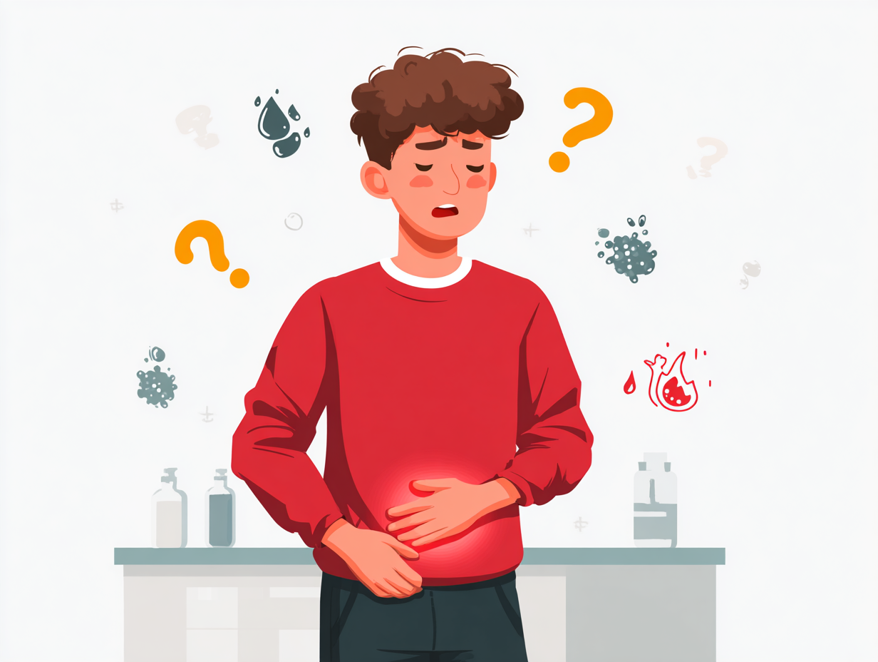 Ilustração de homem com sintomas de candidíase masculina, cercado por ícones de ardência, coceira e inflamação na região íntima