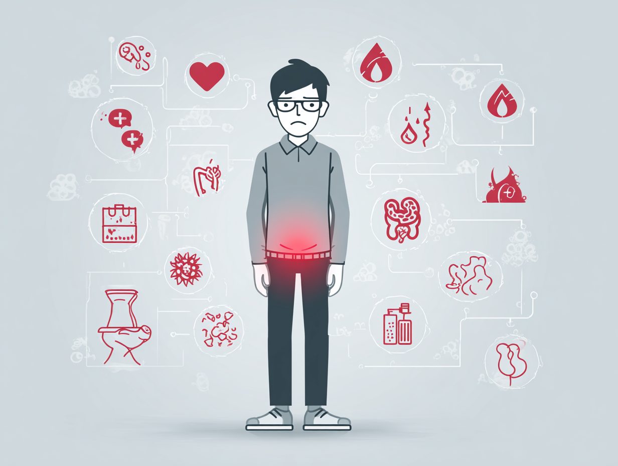 Homem com expressão de incômodo e ícones ao redor simbolizando os sintomas da candidíase na glande, como ardência, coceira e secreção