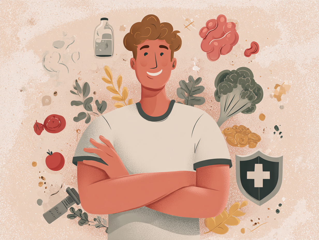 Homem saudável e feliz após tratamento da candidíase na glande, com ícones ao redor representando musculação, alimentação natural, equilíbrio da microbiota e imunidade fortalecida