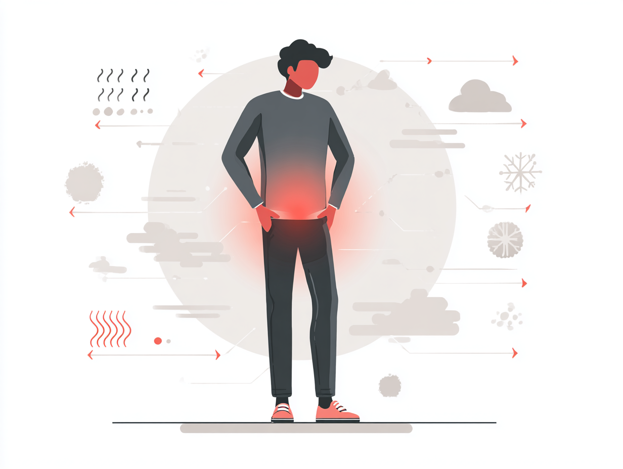 Ilustração médica mostrando sintomas comuns da candidíase na virilha como coceira e vermelhidão