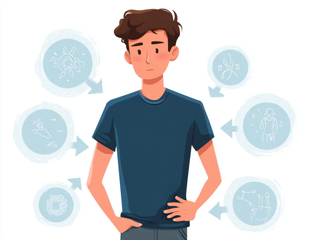 Ilustração com sinais simbólicos de coceira, vermelhidão e secreção, representando sintomas de candidíase no homem.