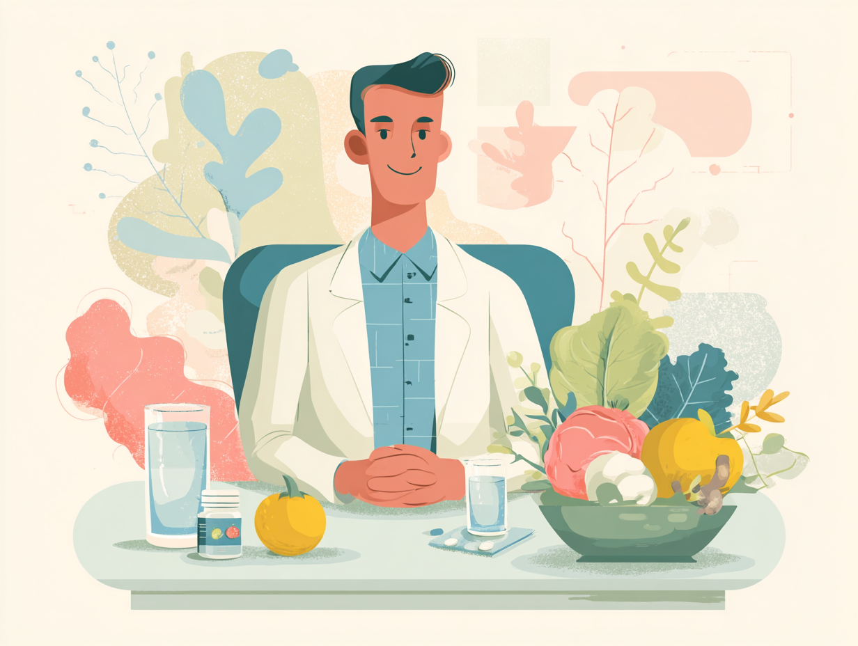 Homem cuidando da saúde com alimentação saudável e suporte ao sistema imunológico, ilustrando prevenção funcional da candidíase.