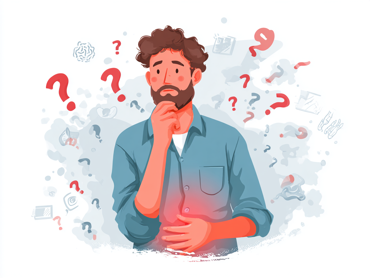 Homem com expressão de dúvida sobre os sinais da candidíase no prepúcio, com desconforto pélvico e ícones ao redor indicando confusão e sintomas