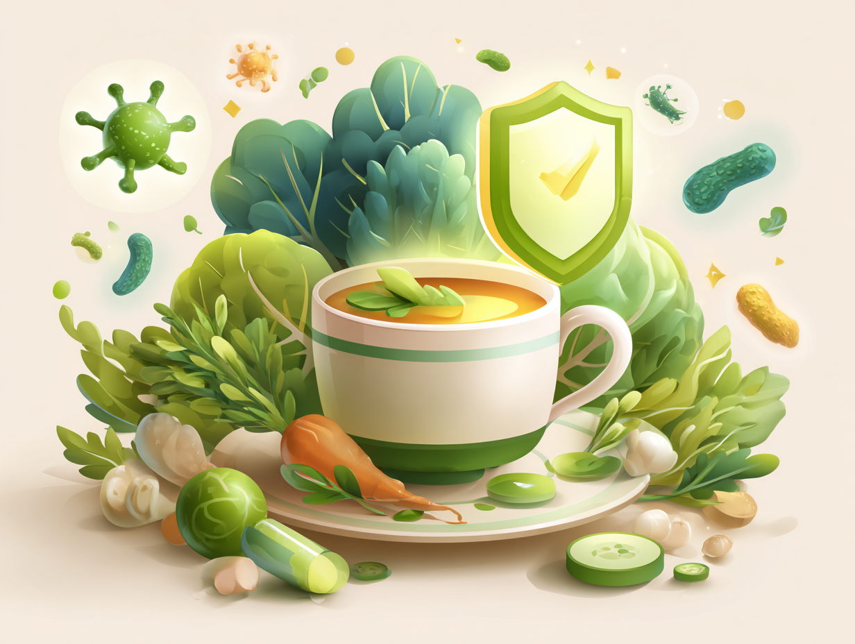 Ilustração de alimentos funcionais, microbiota saudável e símbolo de imunidade fortalecida como apoio natural ao tratamento da candidíase no prepúcio