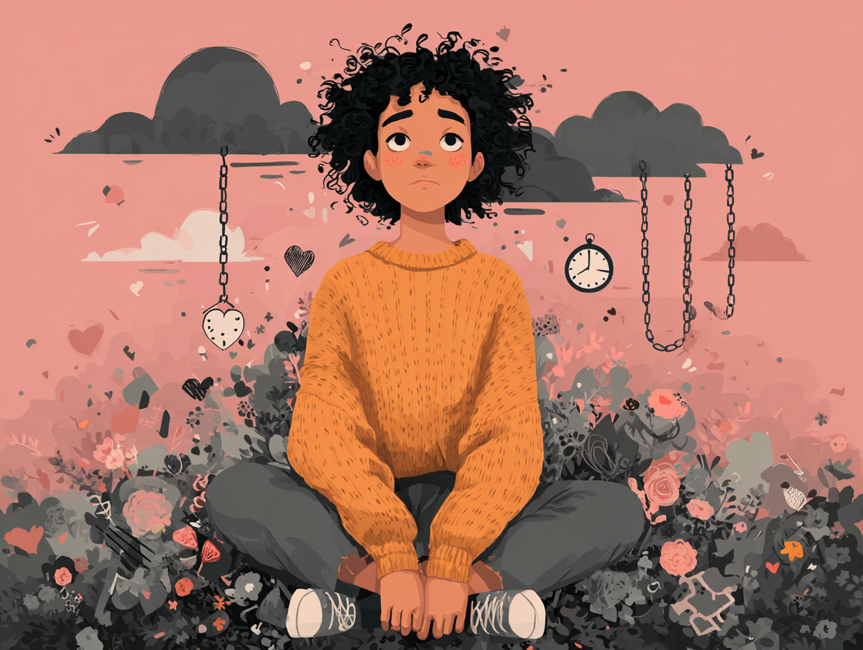 Mulher negra sentada com olhar triste, cercada por ícones simbólicos de sobrecarga emocional como nuvens escuras, relógio, coração partido e grilhões, sugerindo que fatores emocionais podem afetar a saúde íntima.