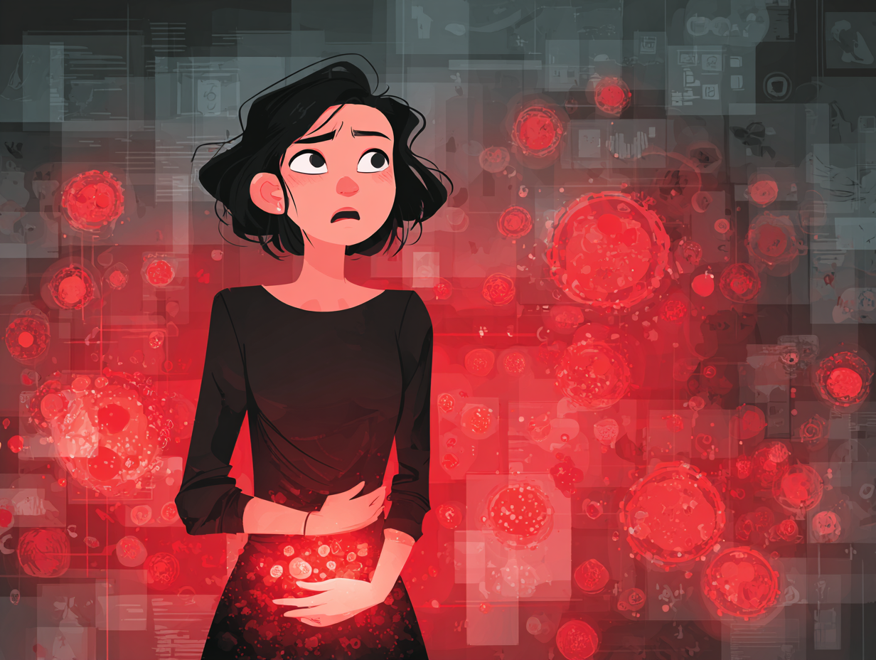 Ilustração médica de uma mulher com candidíase recorrente e sinais visuais de causas como açúcar, disbiose e estresse.