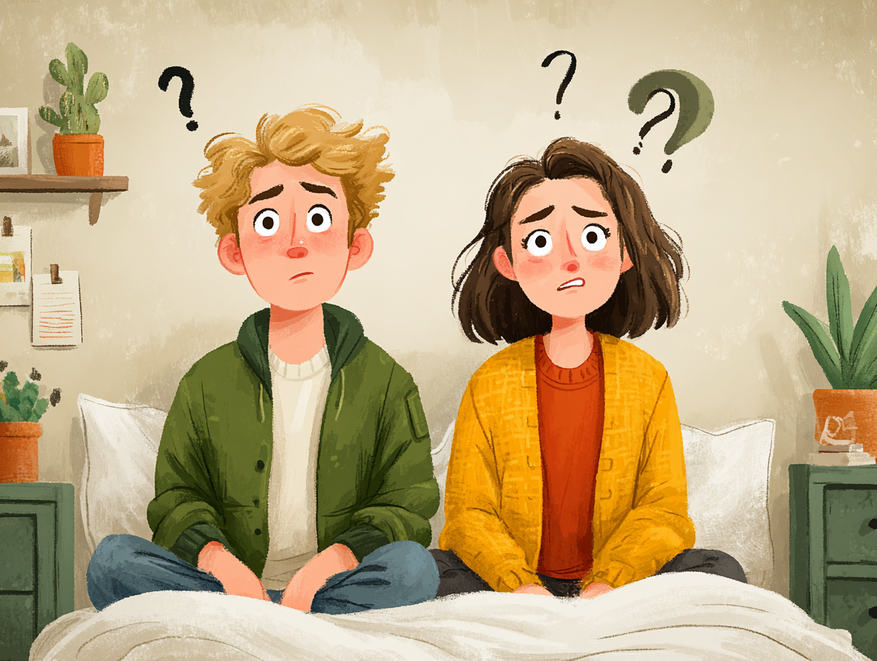 Ilustração médica de um casal sentado na cama com expressão de dúvida sobre candidíase ser transmitida por relação sexual.