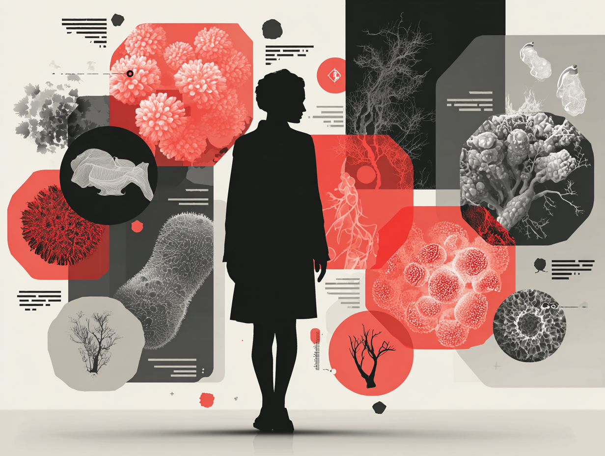 Ilustração vetorial de mulher cercada por ícones de causas da candidíase como açúcar, antibióticos, estresse e baixa imunidade